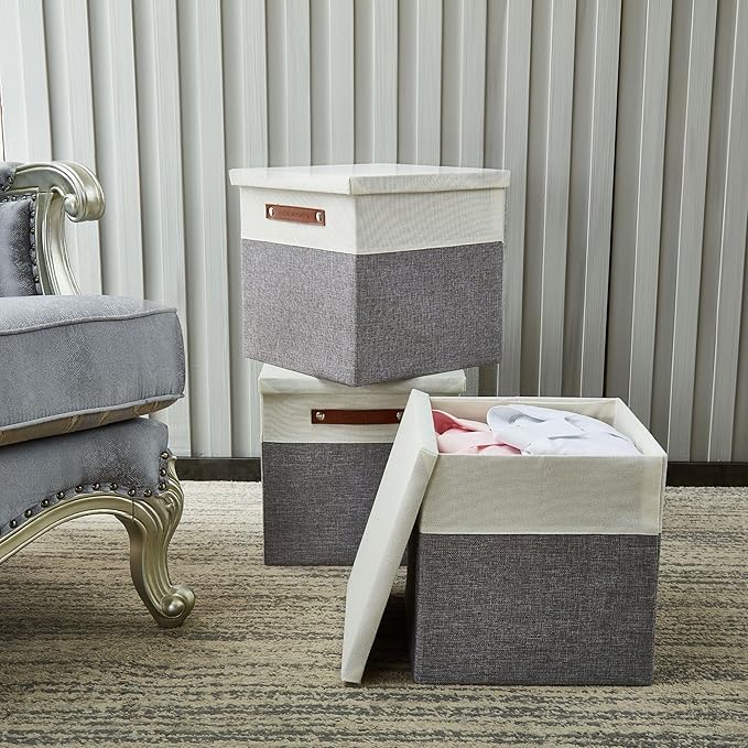 DECOMOMO Storage Basket with Lid, Storage Cubes with Handles, Fabric Box with - Image 5