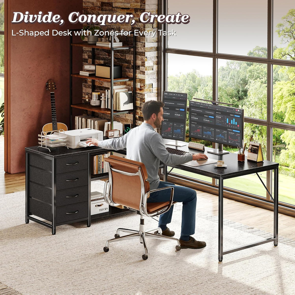 PRAISUN 61" L Shaped Desk with Power Outlets & 4 Drawers
