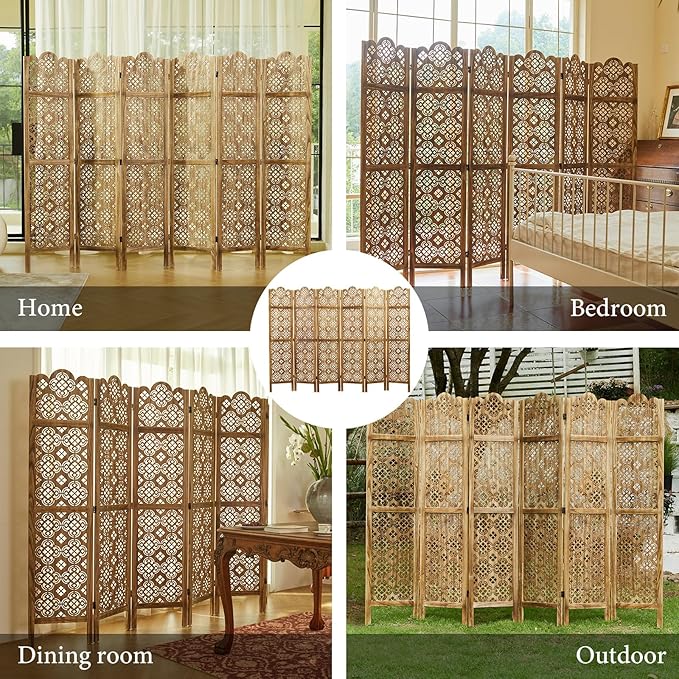 68.9Inch Folding Room Divider, 6 Panels Wood Carved Privacy Screens, Free - Image 7