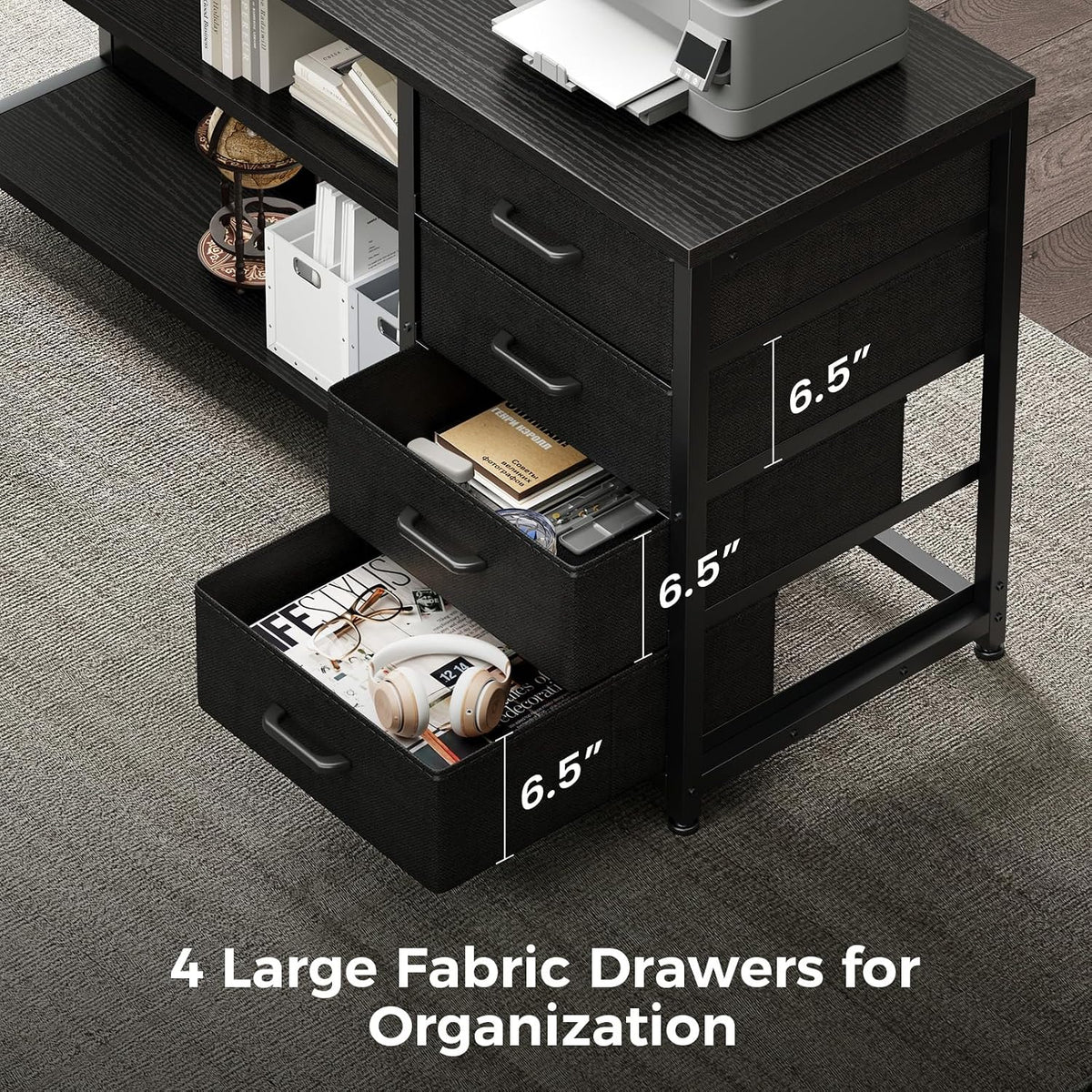 AODK 69" L Shaped Computer Desk with 4 Drawers, LED Lights, Black
