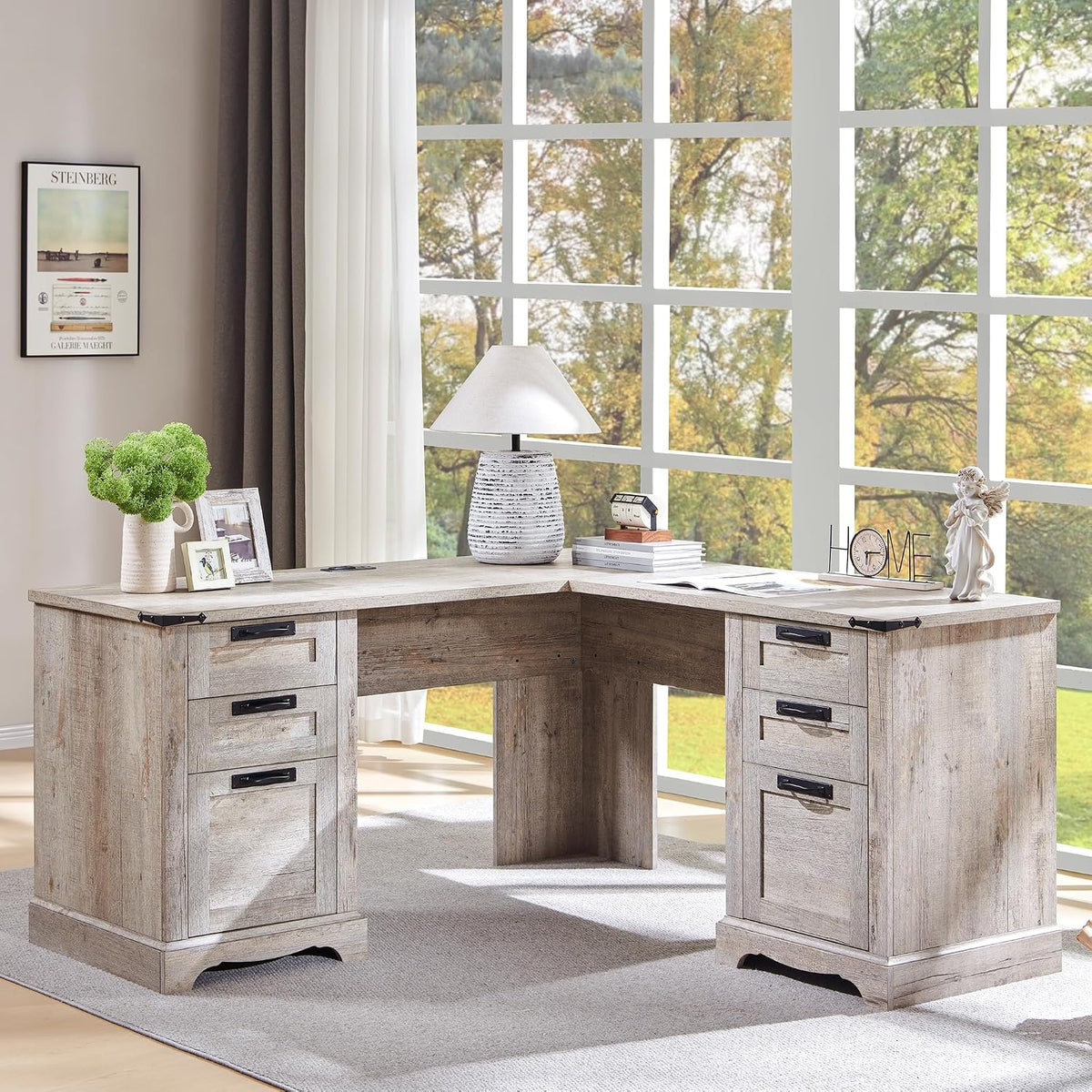 RedLemon 60" Farmhouse L Shaped Executive Desk, Light Rustic Oak