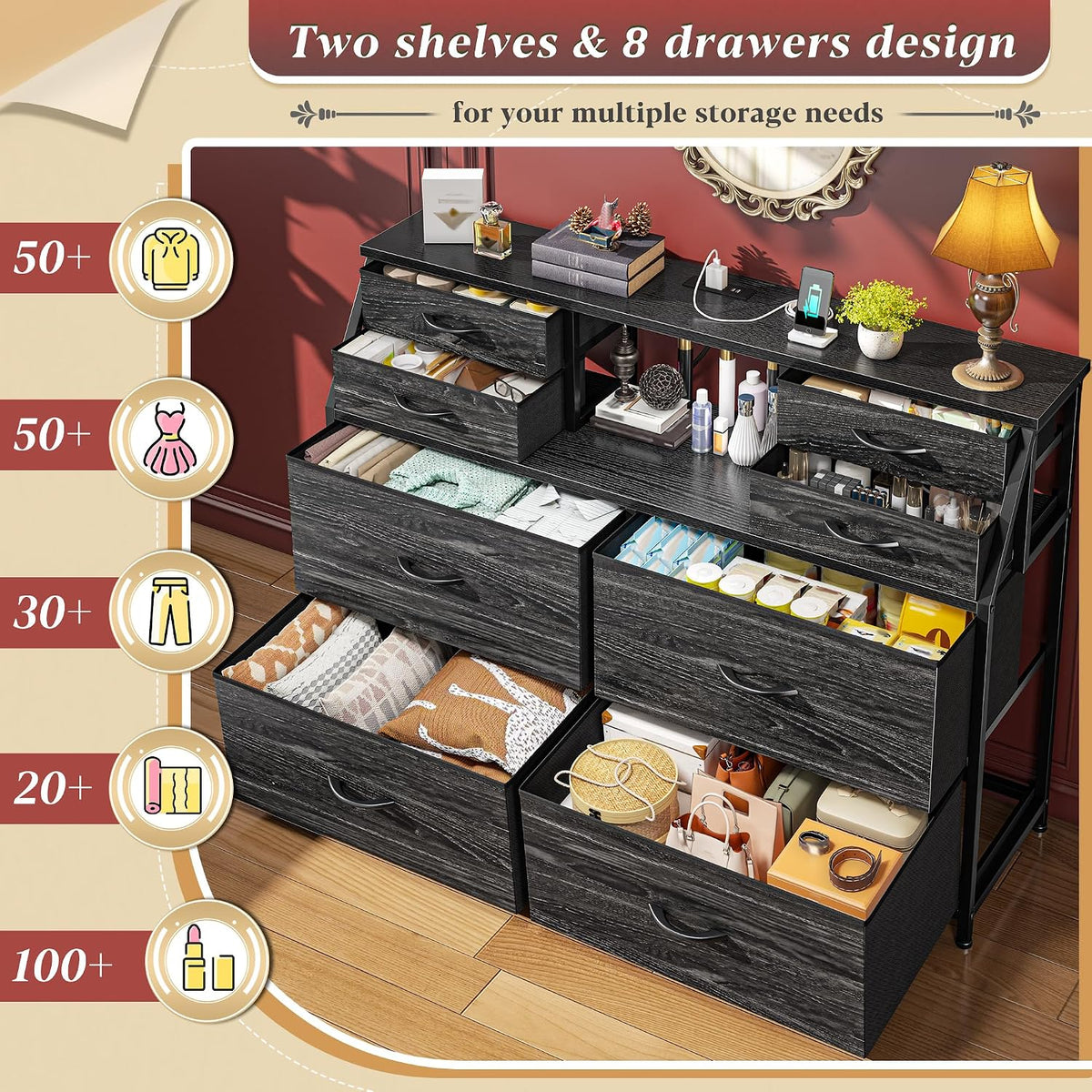 Romorgniz 8-Drawer Dresser with Charging Station & LED, Storage Organizer