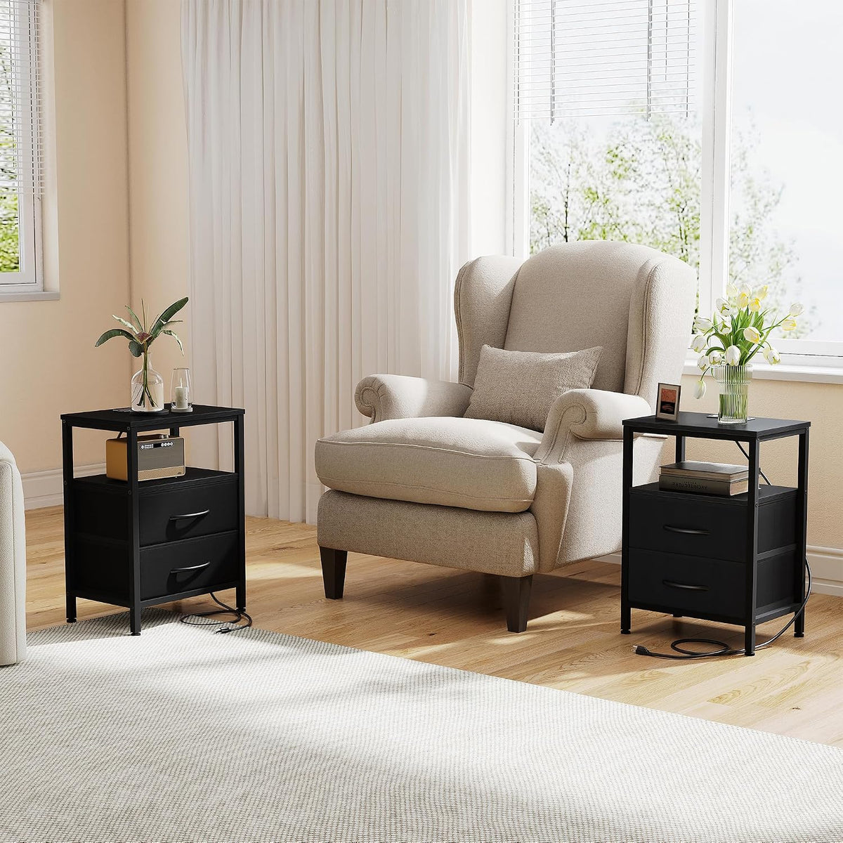DUMOS Night Stand Set 2 with Charging Station, End Table with Fabric Drawer