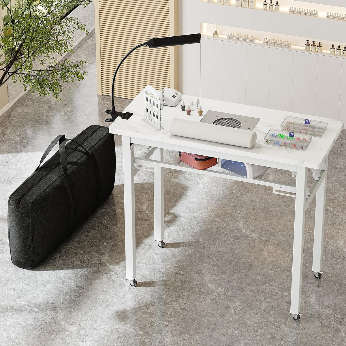 Portable & Foldable Manicure Table w/Dust Collector, Rolling Nail Tech De...