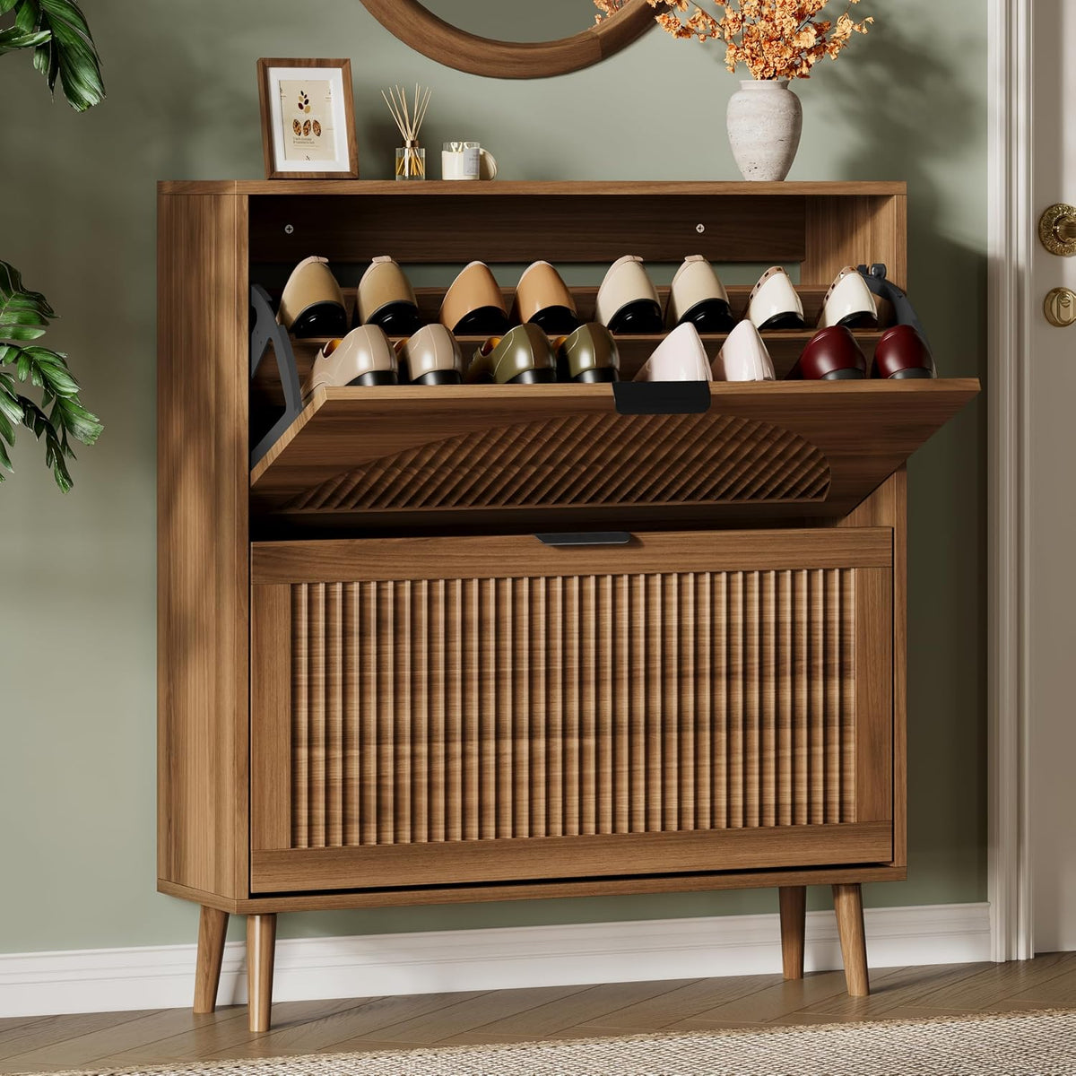 Xixini Shoe Storage Cabinet with 2 Flip Drawers, 36" Tall Narrow Wood Fl...