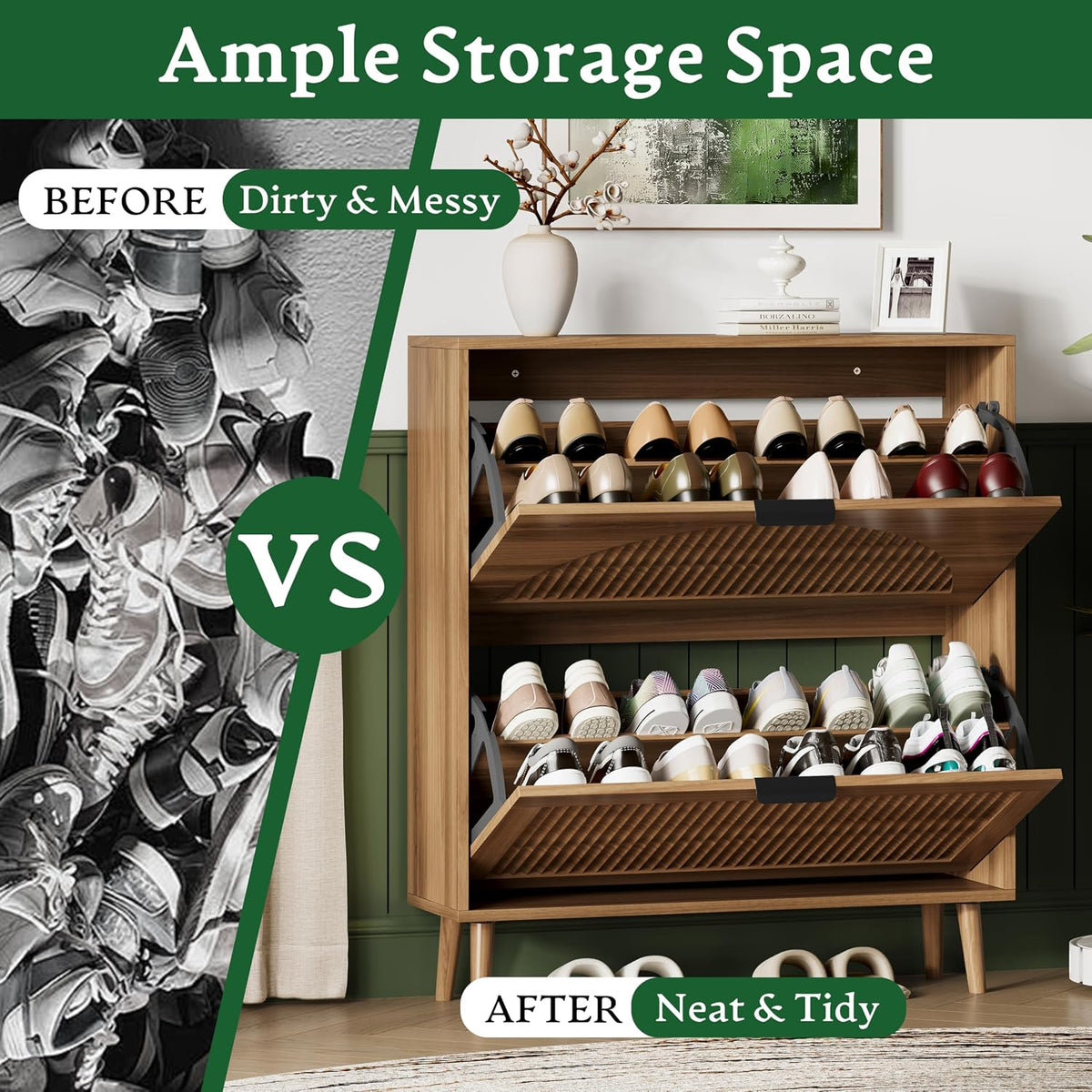 Xixini Shoe Storage Cabinet with 2 Flip Drawers, 36" Tall Narrow Wood Fl...