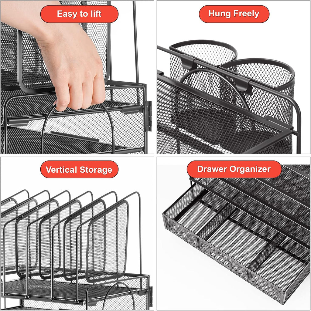 marbrasse desk organizer with drawer, 4-tier mesh file shown in use