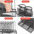 marbrasse desk organizer with drawer, 4-tier mesh file shown in use