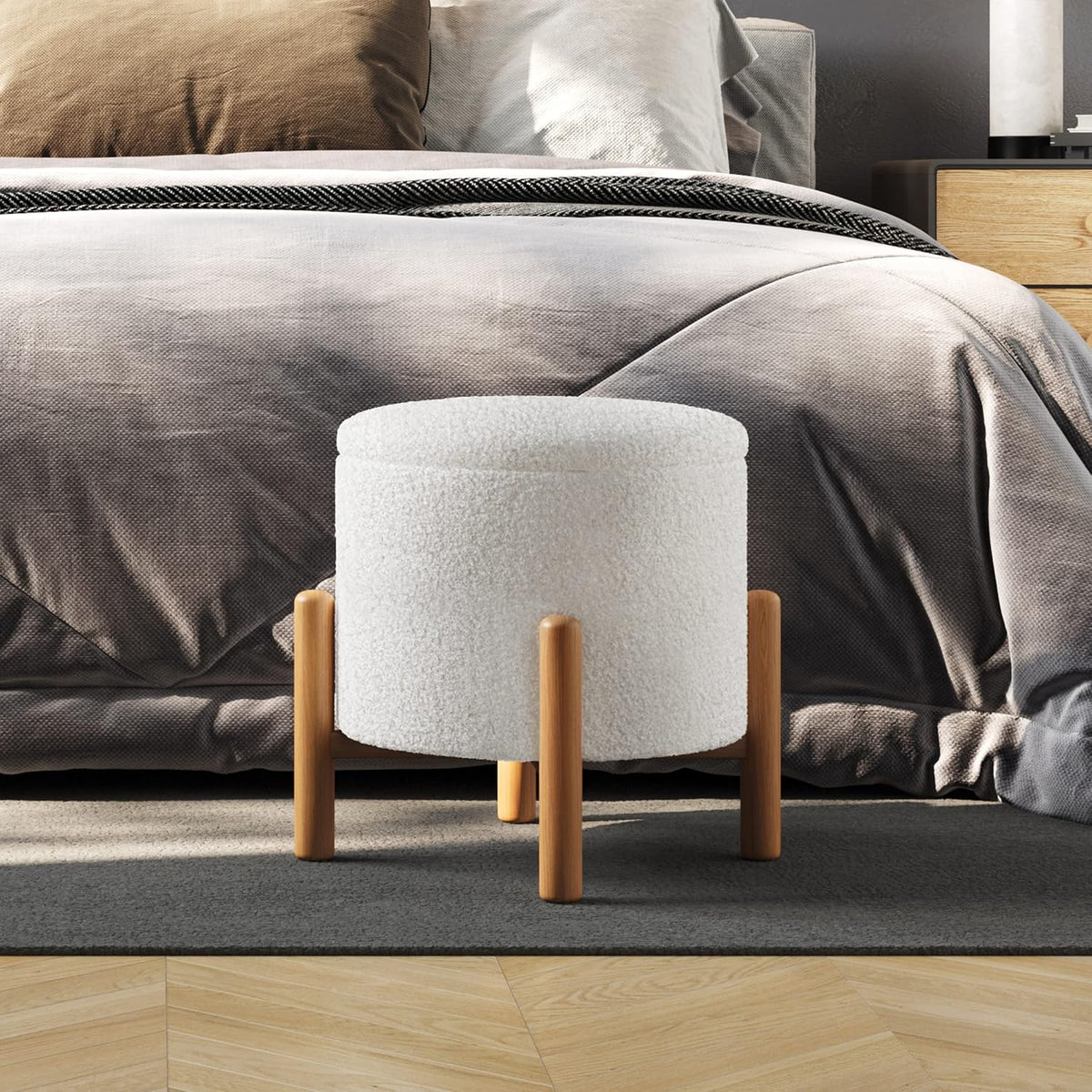 Round Sherpa Storage Ottoman Pouf with Removable Lid – Plush Couch Footrest &...