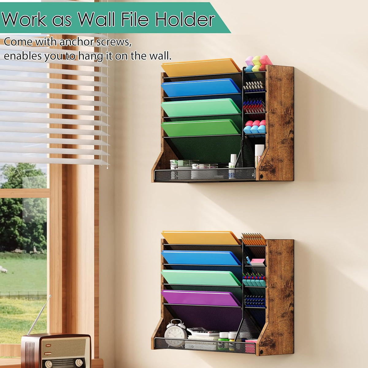jakyitvi 5 tiers ironwood wall desk file holder, close-up detail