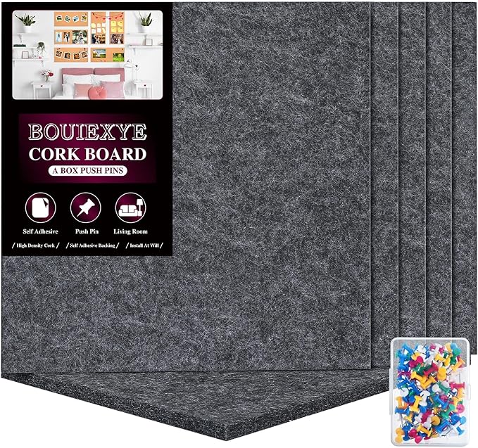 Bouiexye Felt Cork Board Tiles 6 Pack Grey Bulletin Boards 12"x12" by LooksForwardtoSeeingYou