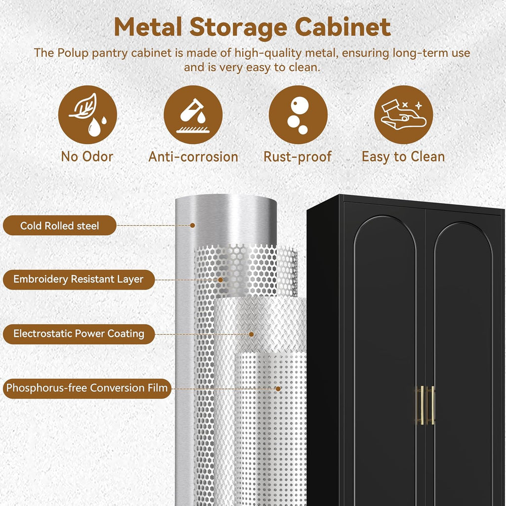 polup 75" tall metal kitchen pantry storage cabinet showing dimensions