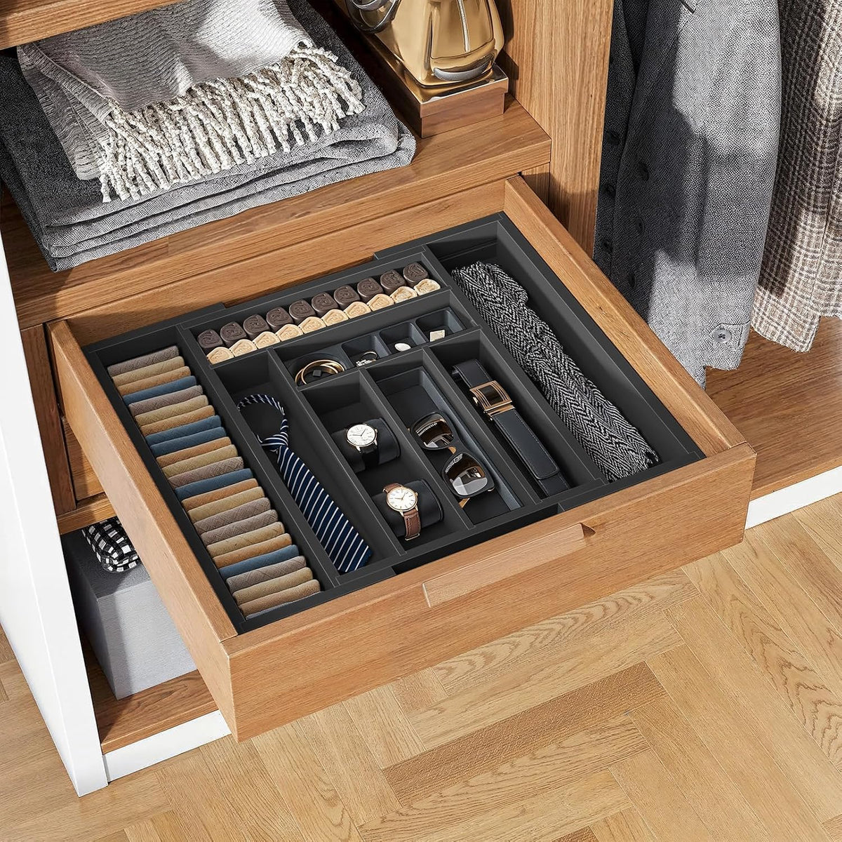 Pipishell Bamboo Expandable Silverware Drawer Organizer, Black, Medium
