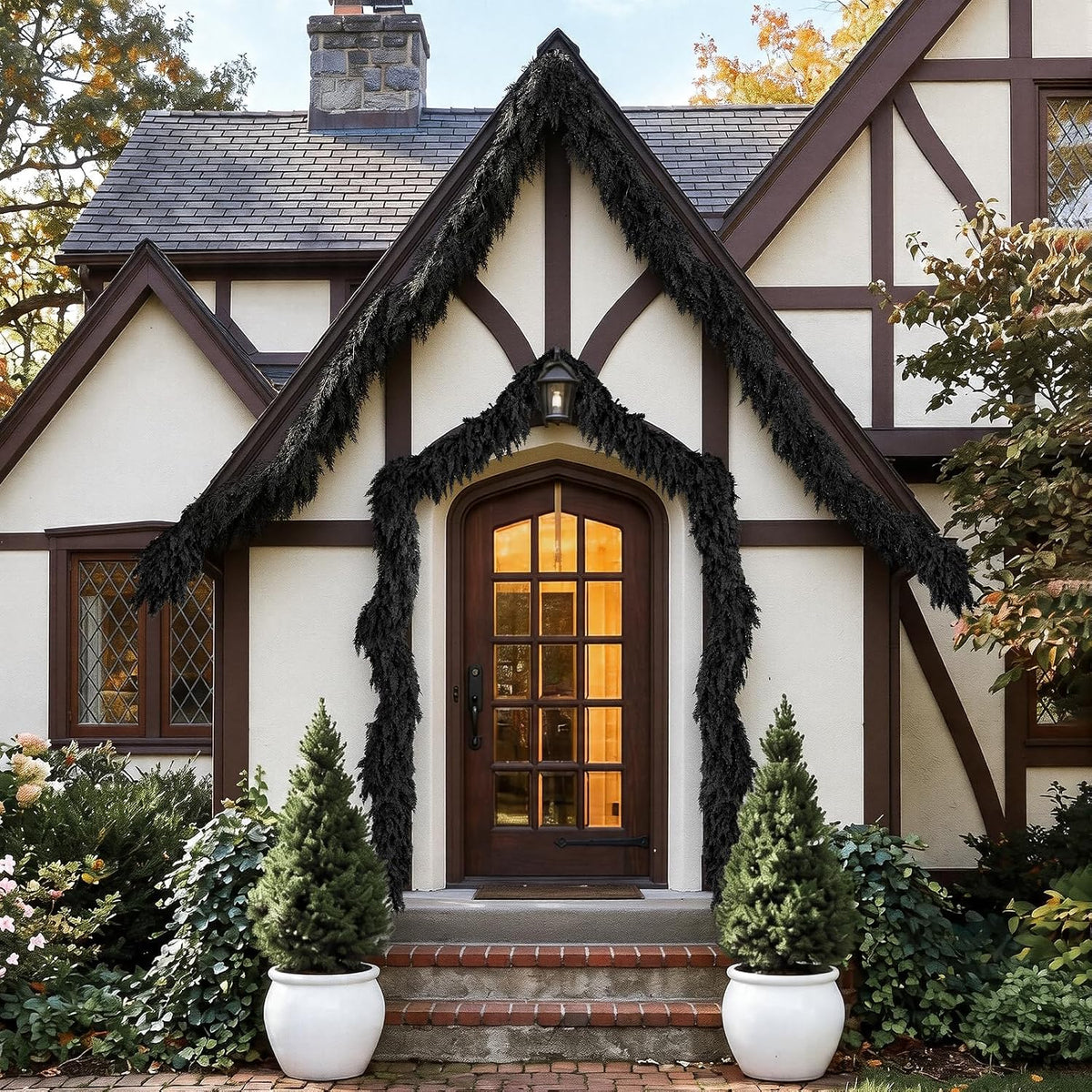 2PCS 9FT Halloween Cedar Garland, Black Real Touch Christmas Decorations