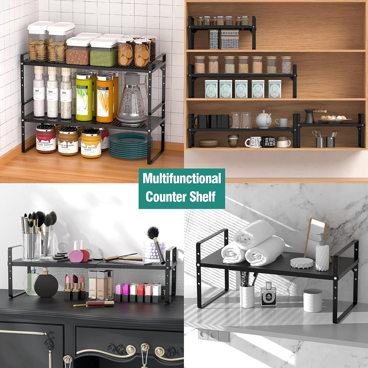SUZLON Expandable Cabinet Shelf Organizer Rack, Stackable Kitchen Counter Sto...