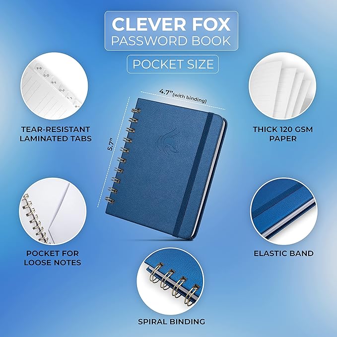 Clever Fox Password Book Spiral – Mini Internet Address & Password Organizer - Image 2