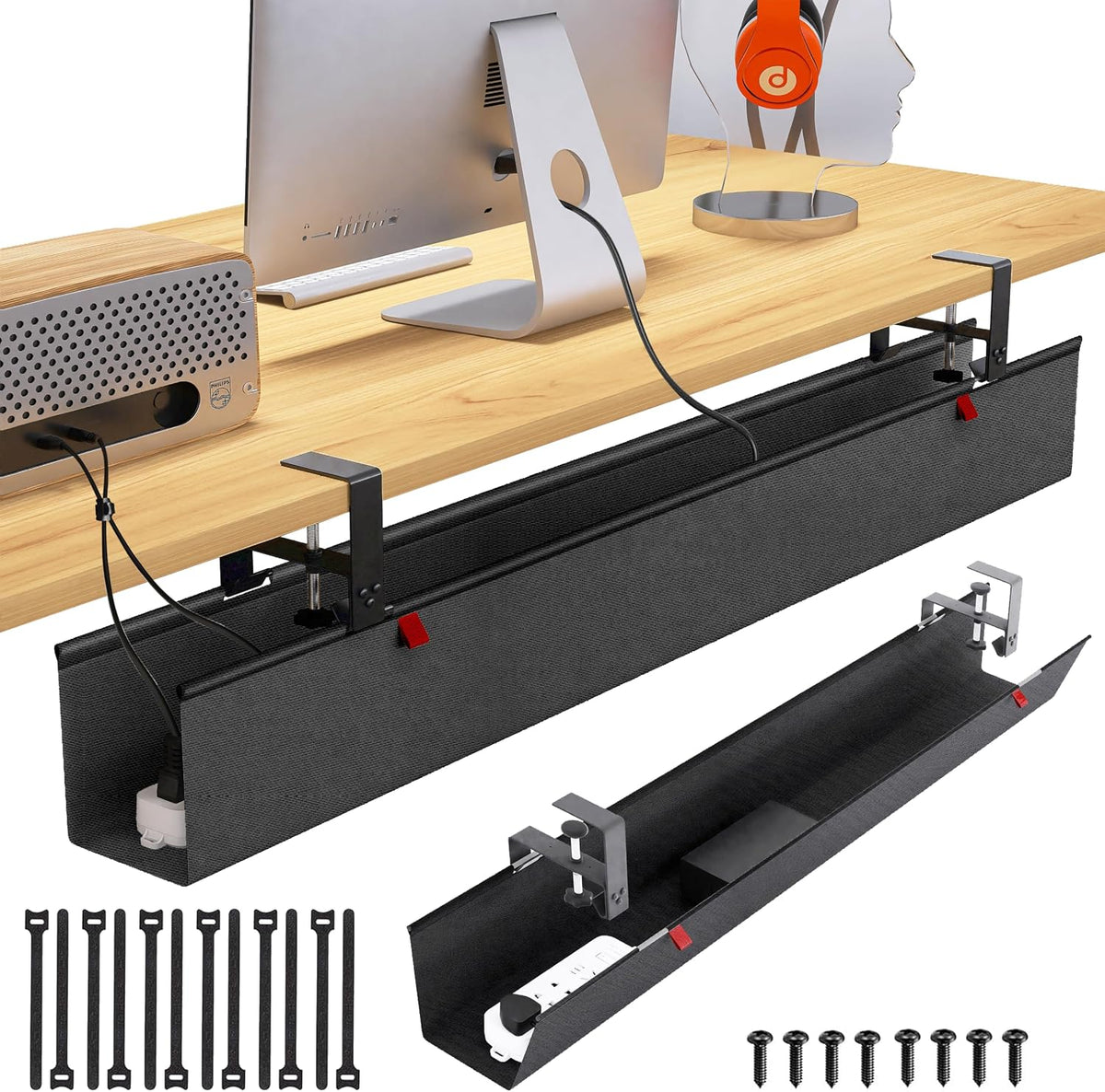 48" Gaming Under Desk Cable Management Tray, Black No Drill Cord Organiz...