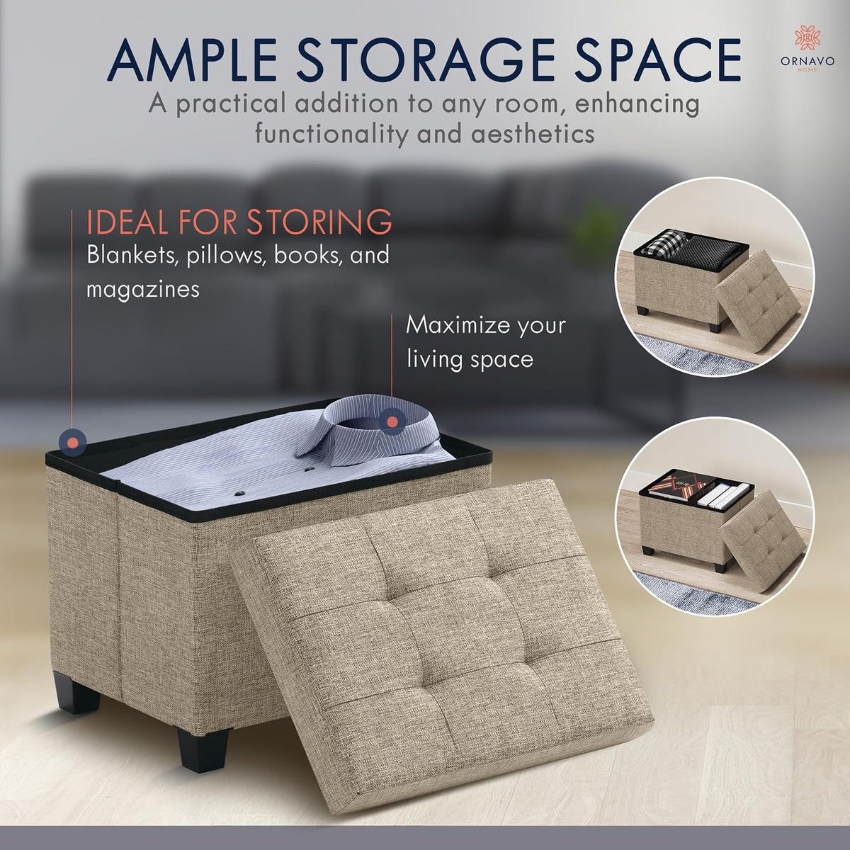 Ornavo Home Small Rectangle Storage Ottoman with Legs, 12x16x12, Tan/Taupe