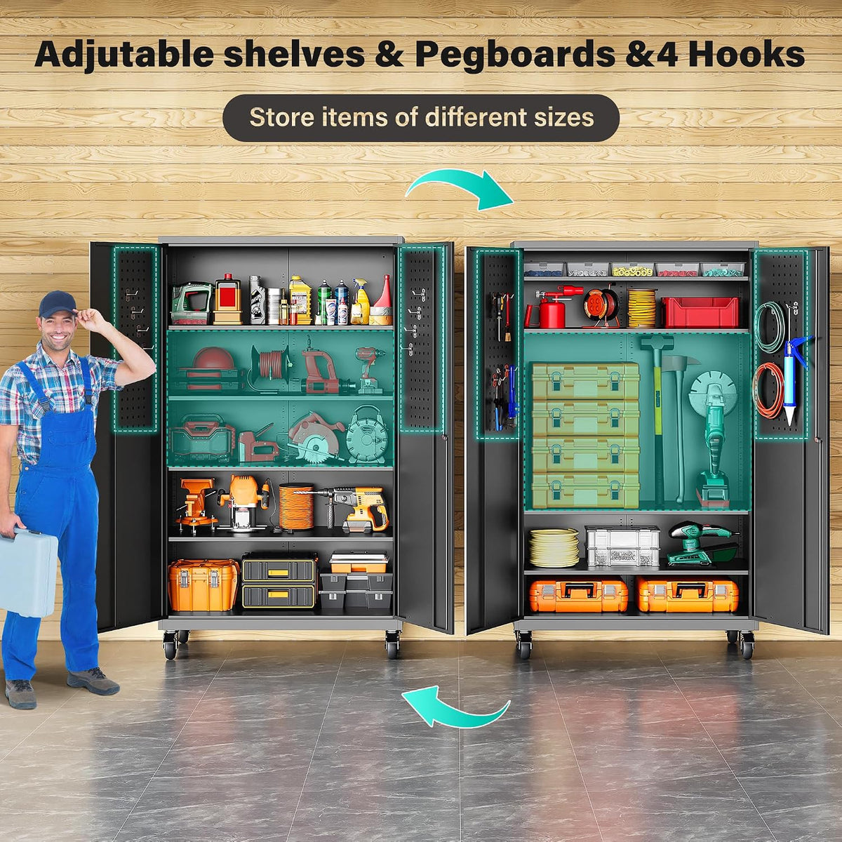 sisesol wide & deep metal storage cabinet with showing dimensions