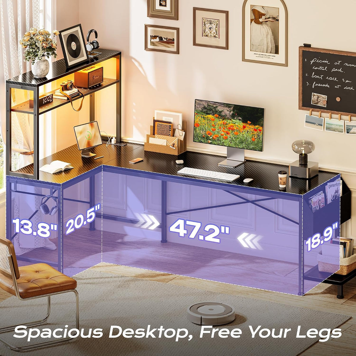 PRAISUN L Shaped Gaming Desk with LED Lights & Power Outlets