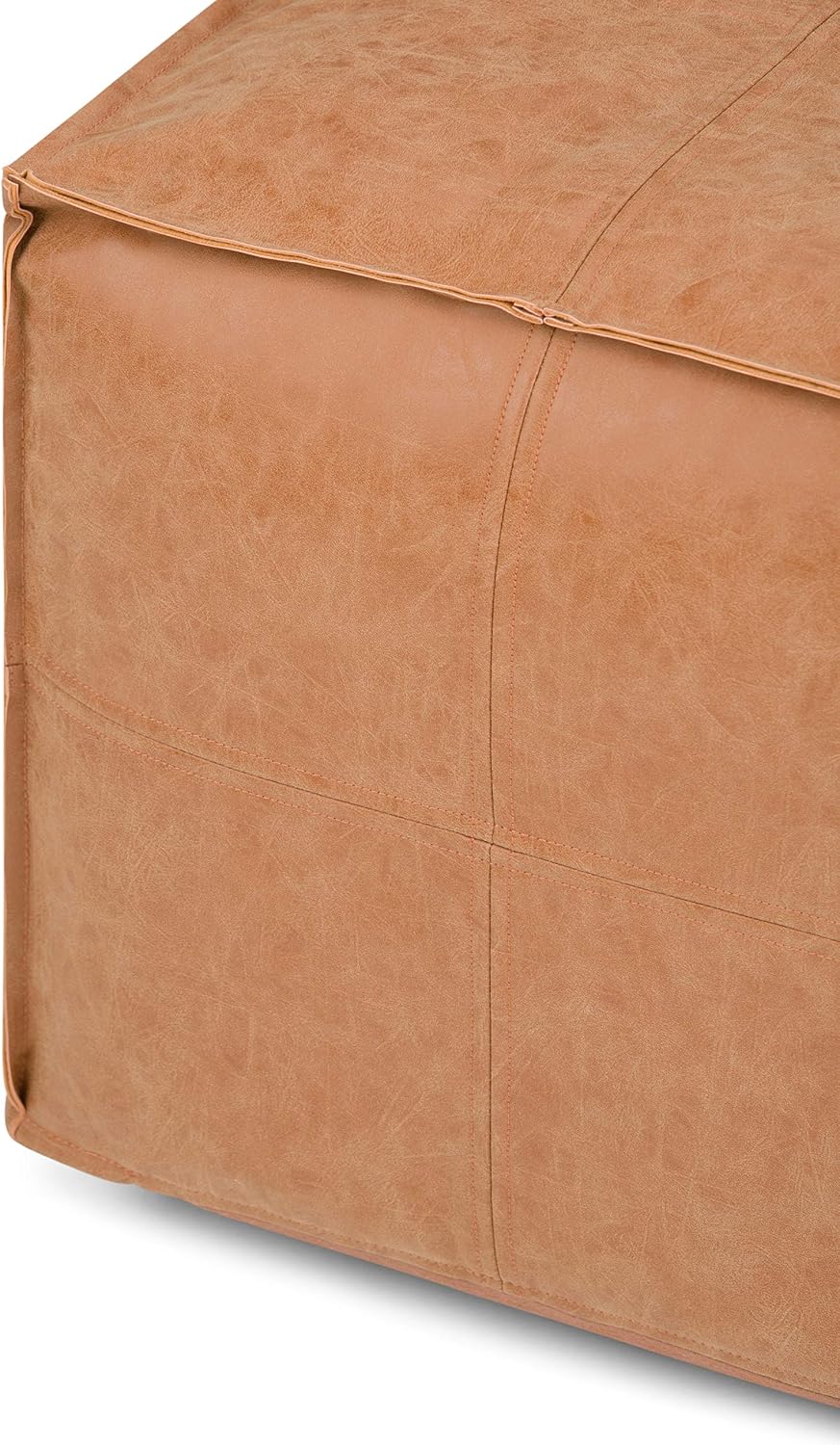 SIMPLIHOME Brody 30" Wide Pouf in Distressed Camel Brown Faux Leather