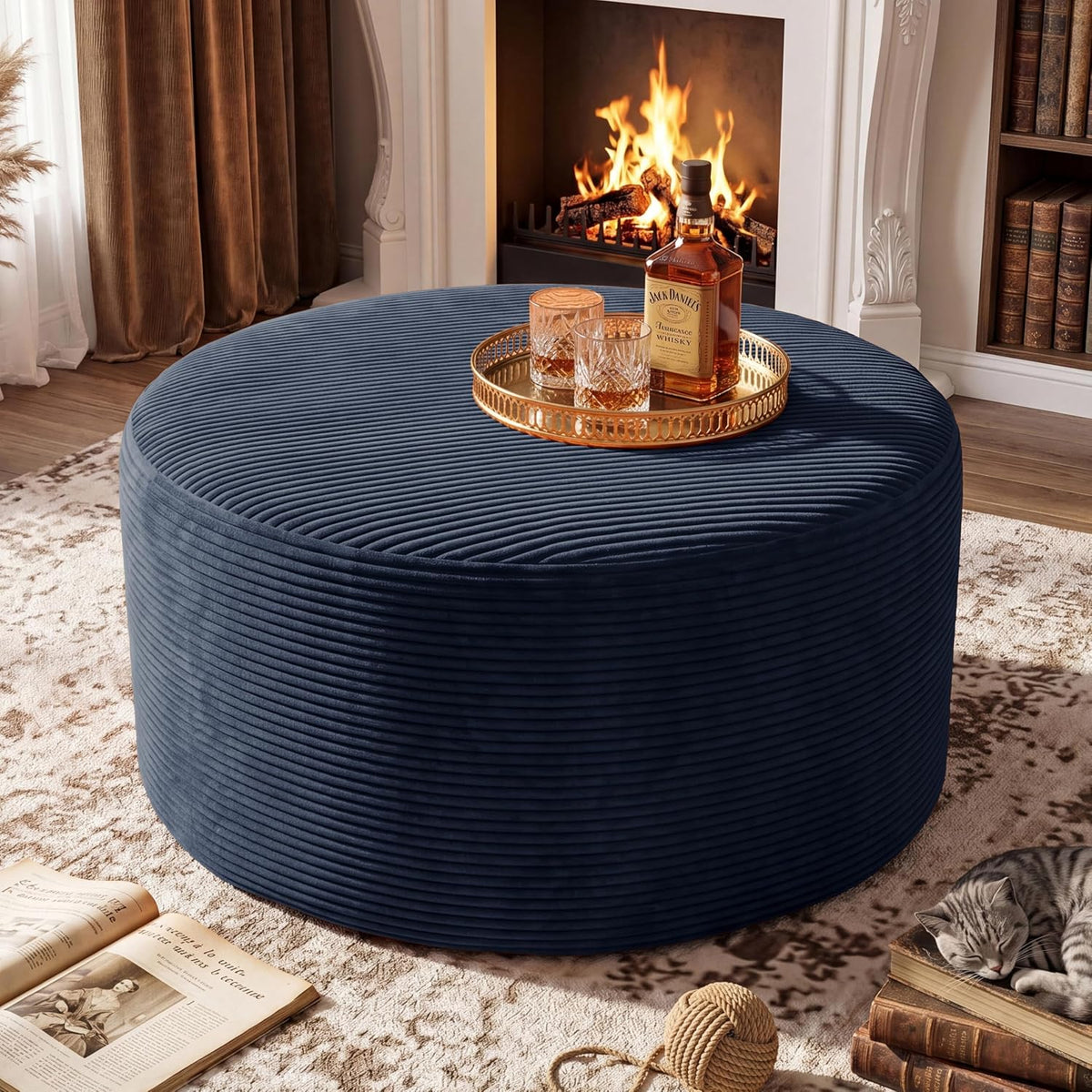 BSHOMGI Coffee Table Round Ottoman, Oversized Footrest for Couch with Removab...