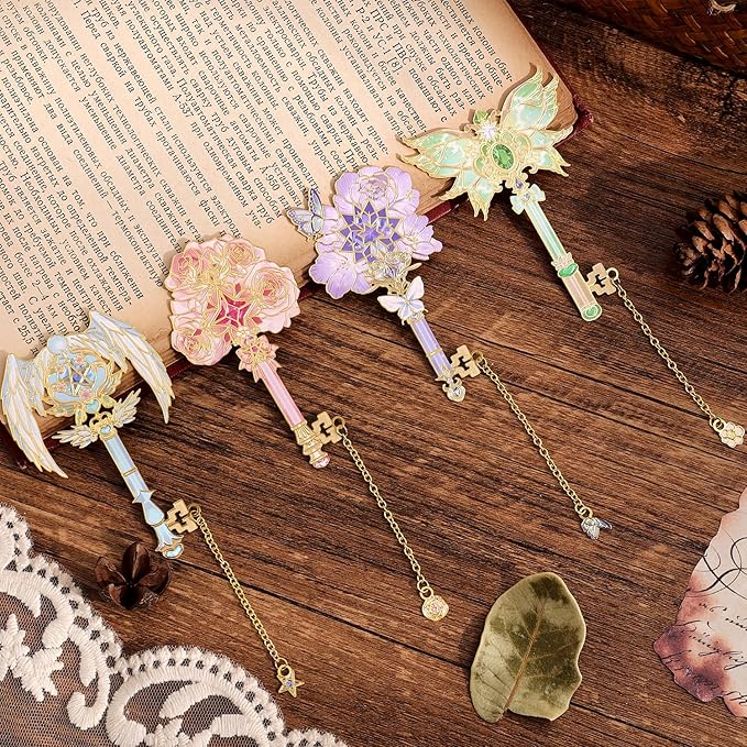 4pcs Metal Bookmarks Set for Reading Women and Men, Enchanted Floral Wing Key - Image 5