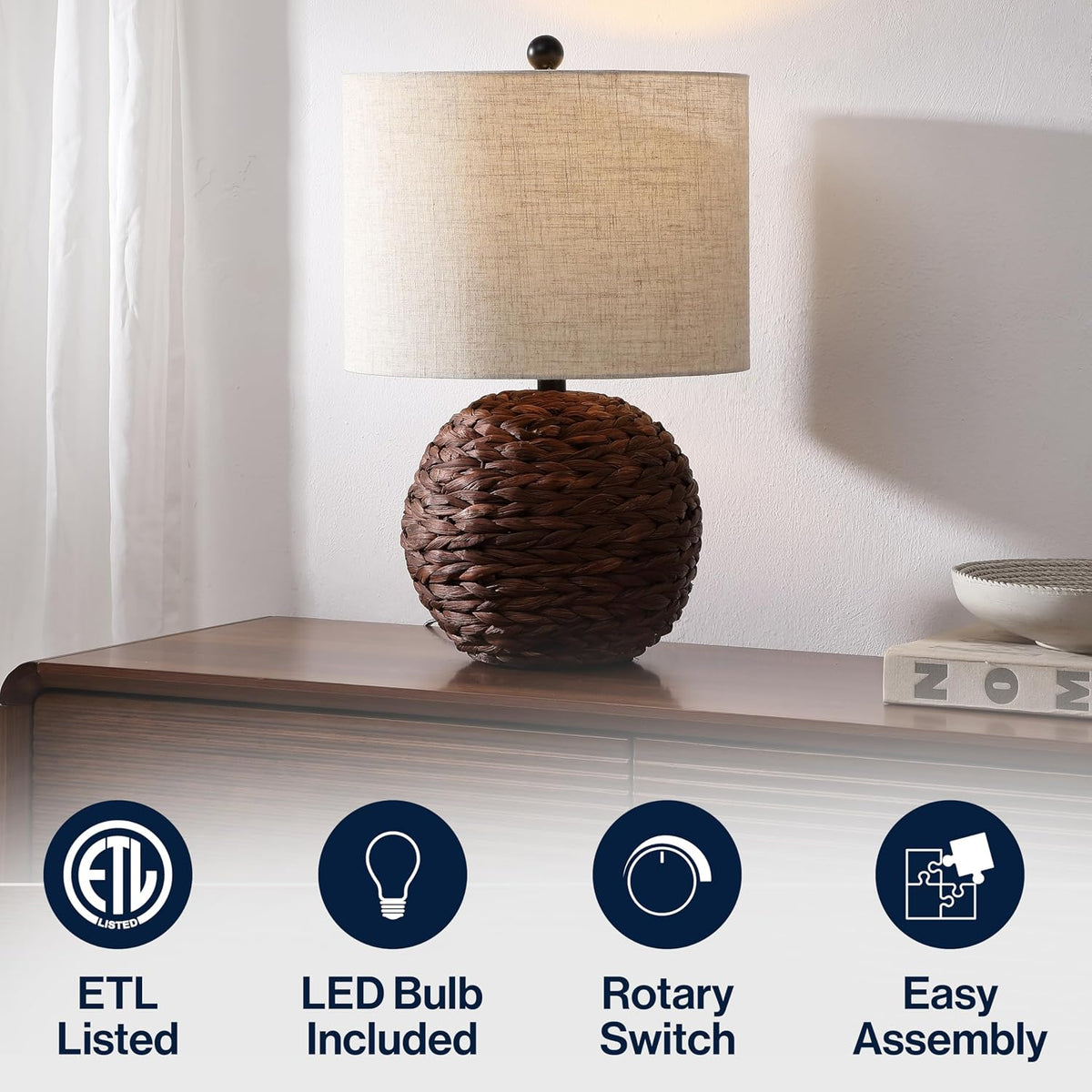 JONATHAN Y Camilo Coastal Woven Rattan Globe Table Lamp 21.5", Dark Brown
