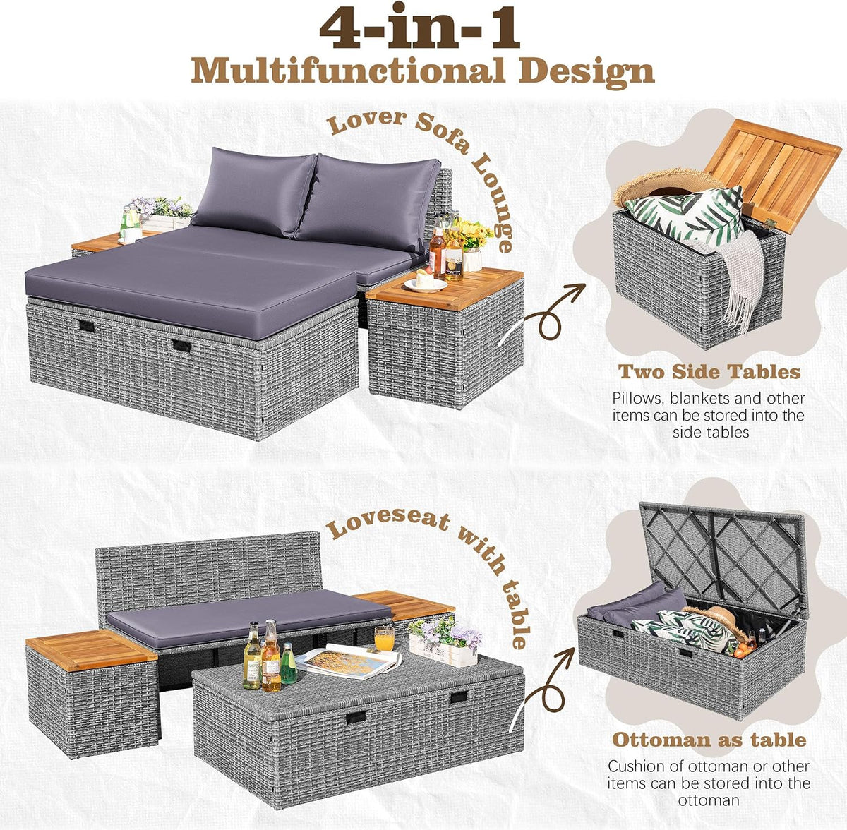 Flamaker Outdoor Rattan Lounge Chair with 2 Side Tables