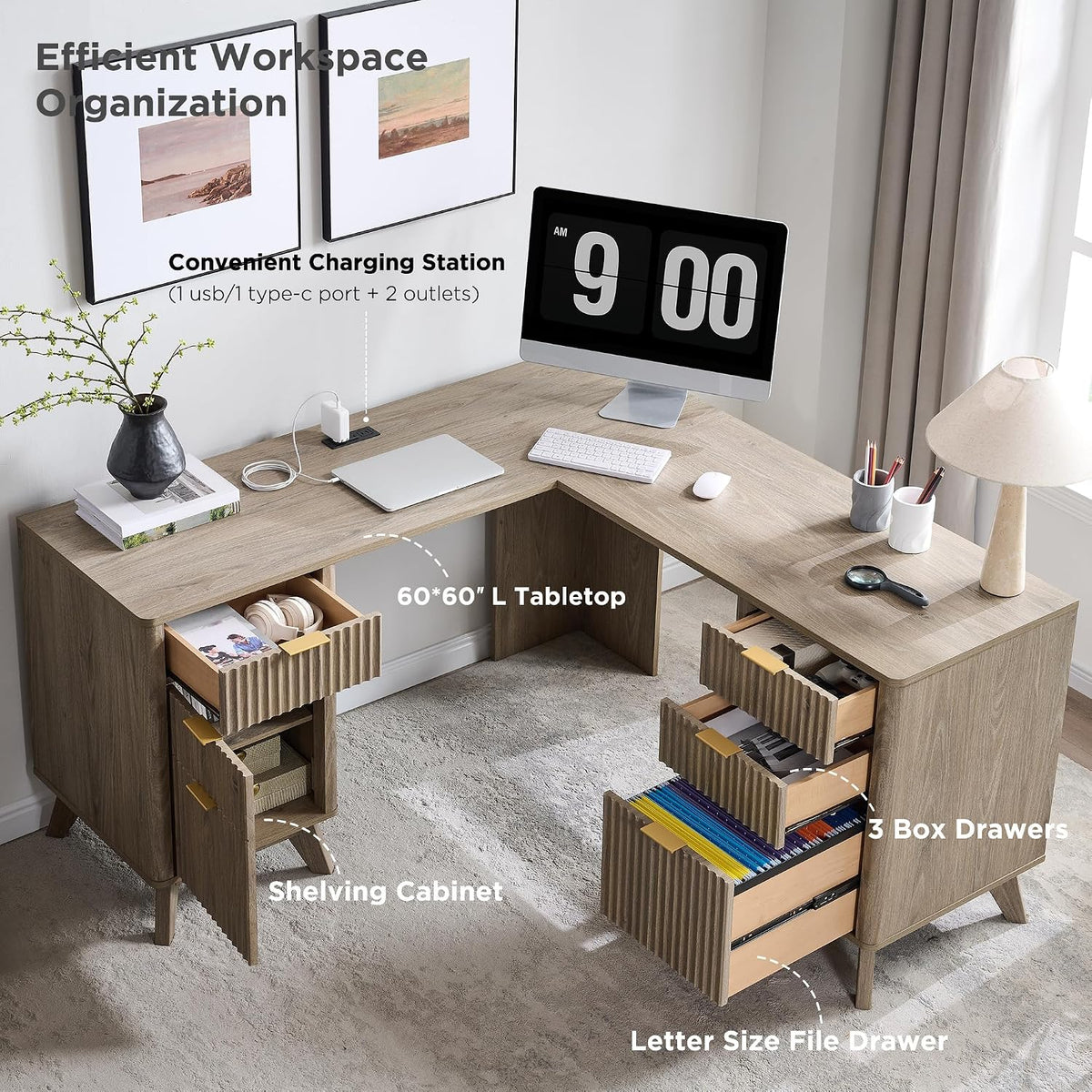 T4TREAM 60-Inch Modern Fluted L-Shaped Executive Desk, Alder Grey