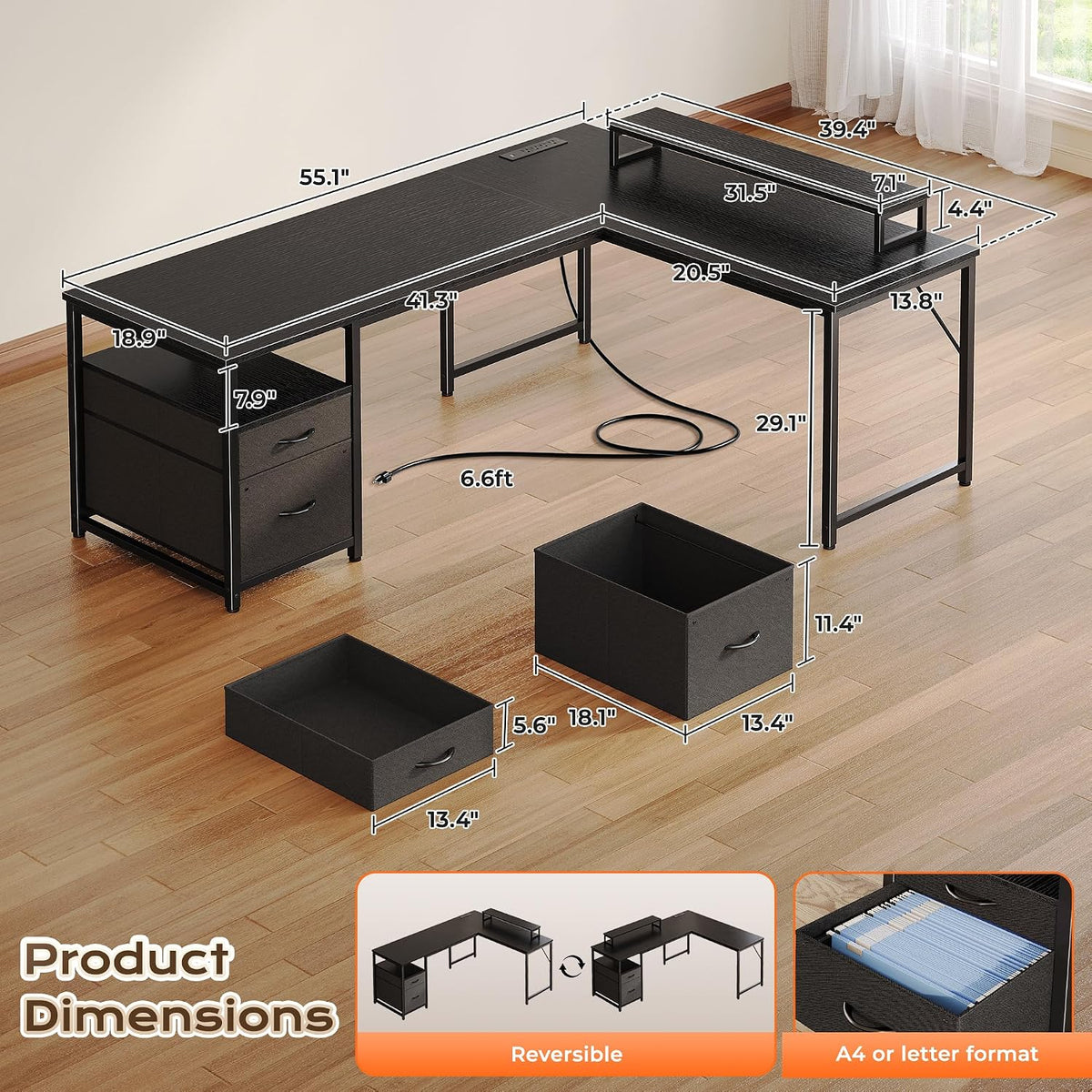 PRAISUN 55 Inch L Shaped Desk with Power Outlets and USB-C Port, Computer Cor...