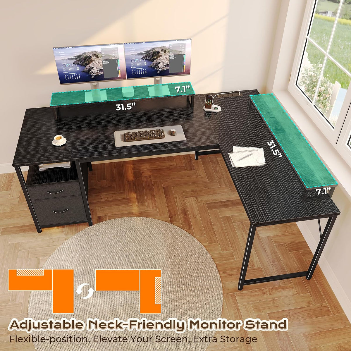 PRAISUN 55 Inch L Shaped Desk with Power Outlets and USB-C Port, Computer Cor...