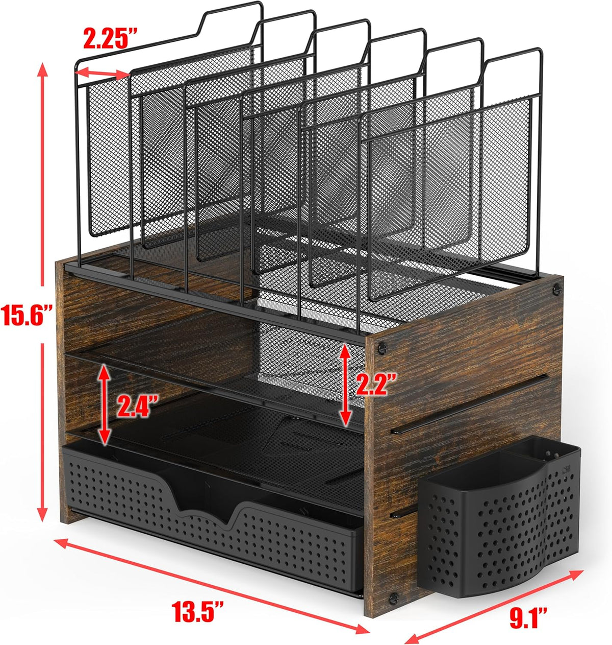 Simple Houseware Mesh Desk Organizer with Wooden Side Board, Rustic Brown