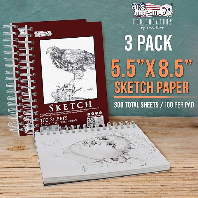 U.S. Art Supply 5.5"x8.5" Sketch Book Pad, 3 Pack, 60lb Spiral Bound - Image 2