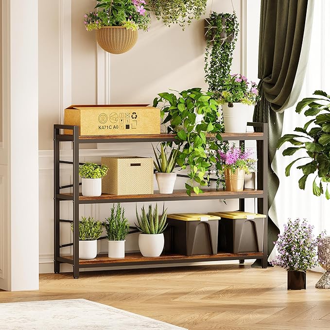 3 Tier Bookcase 47.24" Width, Long Industrial Book Shelf, Vintage Wooden Large - Image 4