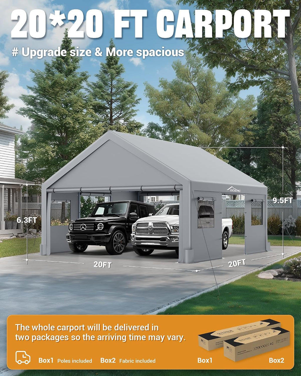 acepic upgraded 20x20 heavy duty carport, drive through on a desk or shelf