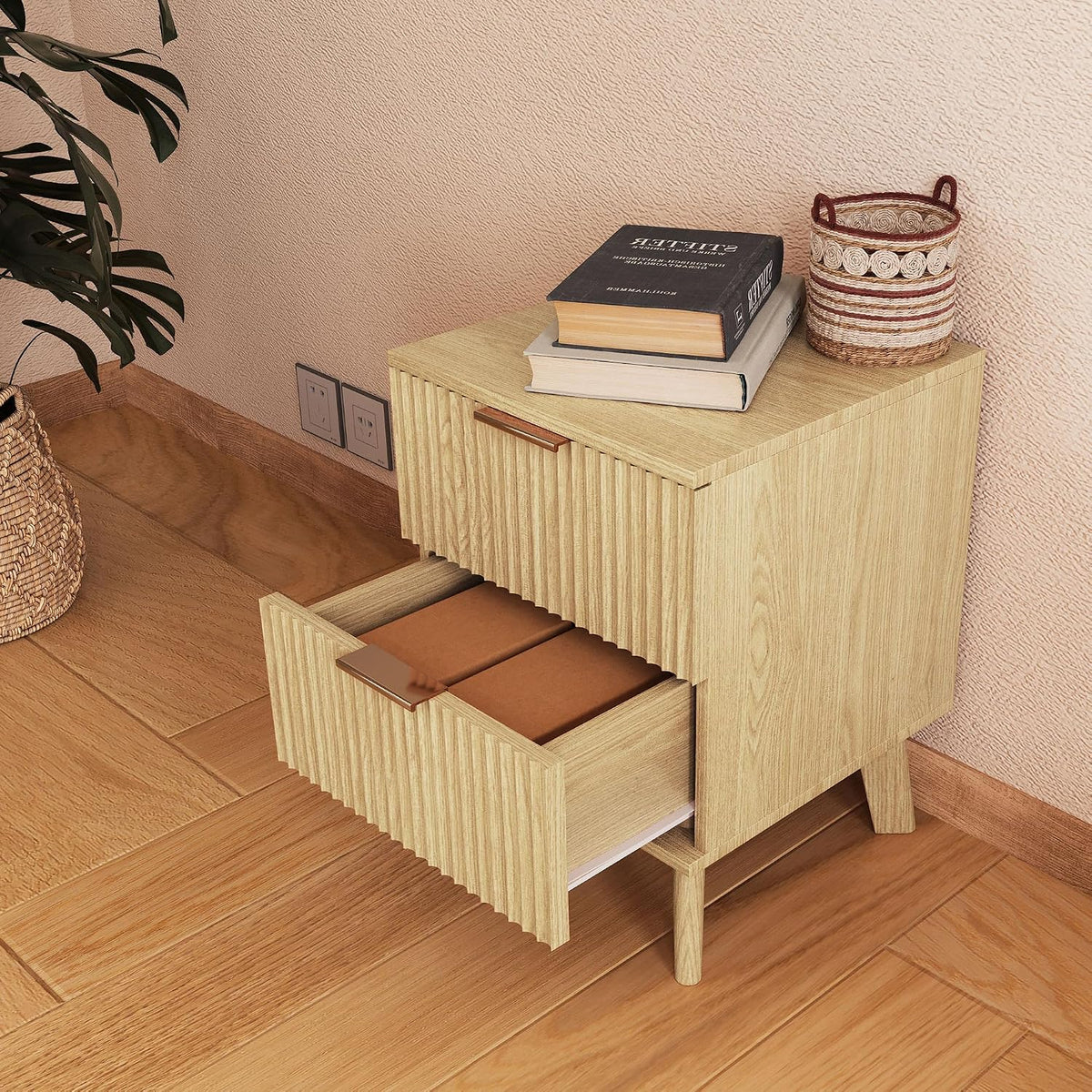 XUZENEST Fluted Nightstand, Mid Century Modern 2 Drawer Bedside Table for Bed...