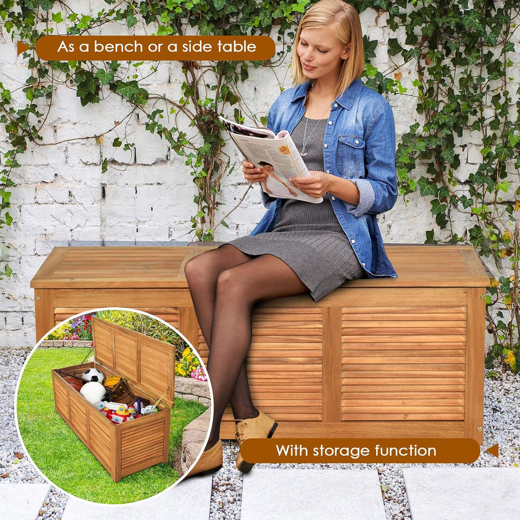 happygrill 46 gallon acacia wood deck box, outdoor, close-up detail