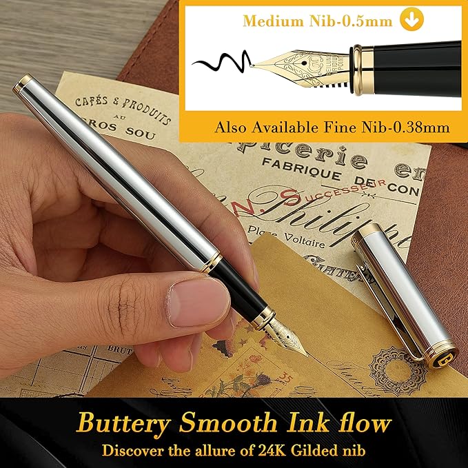 BEILUNER Silver Chrome Fountain Pen, Stunning Luxury - Image 4