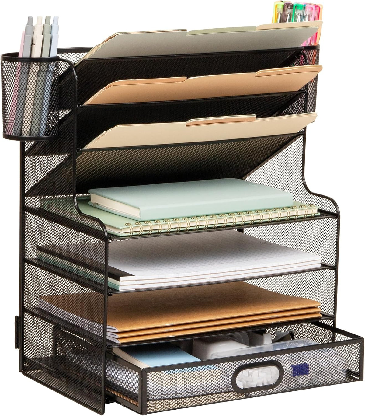 Mind Reader Mesh Desk Organizer, 6 Compartments, 1 Drawer, 2 Pen Cups, Office...