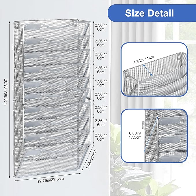 EasyPAG Wall File Organizer for Office 10 Pocket Mesh Wall Mounted Paper - Image 2