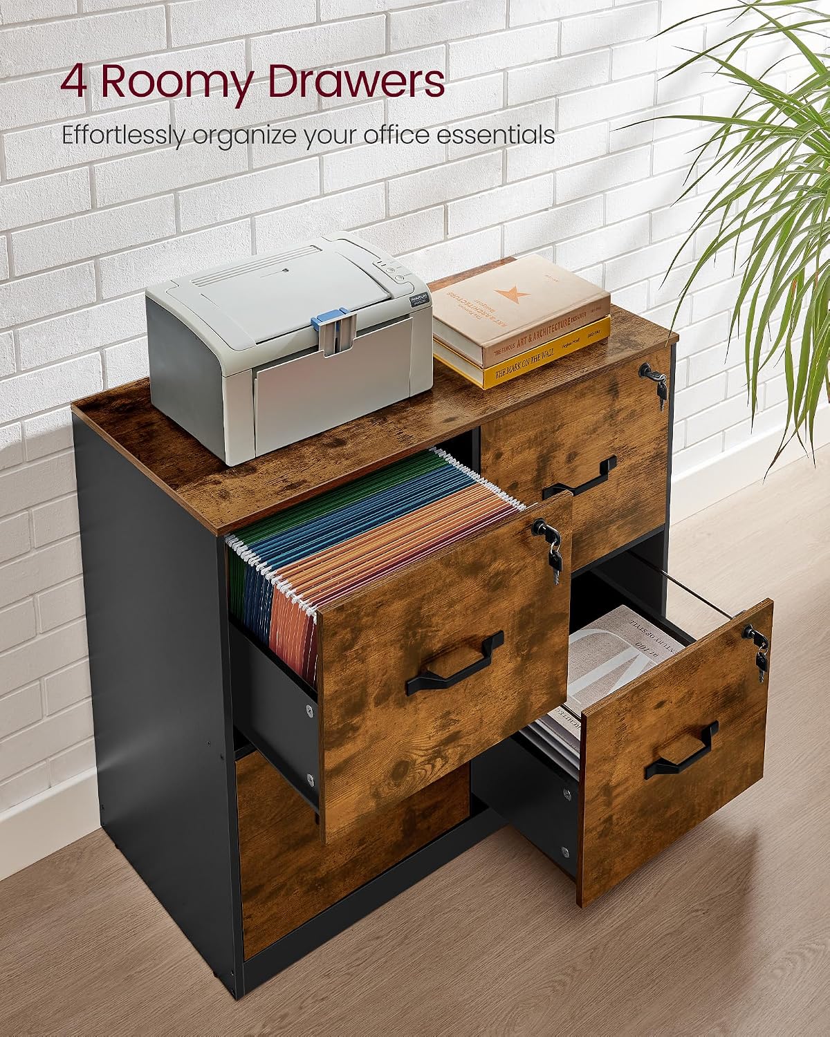 vasagle 4-drawer lateral file cabinet, compact, locking, printer, side view