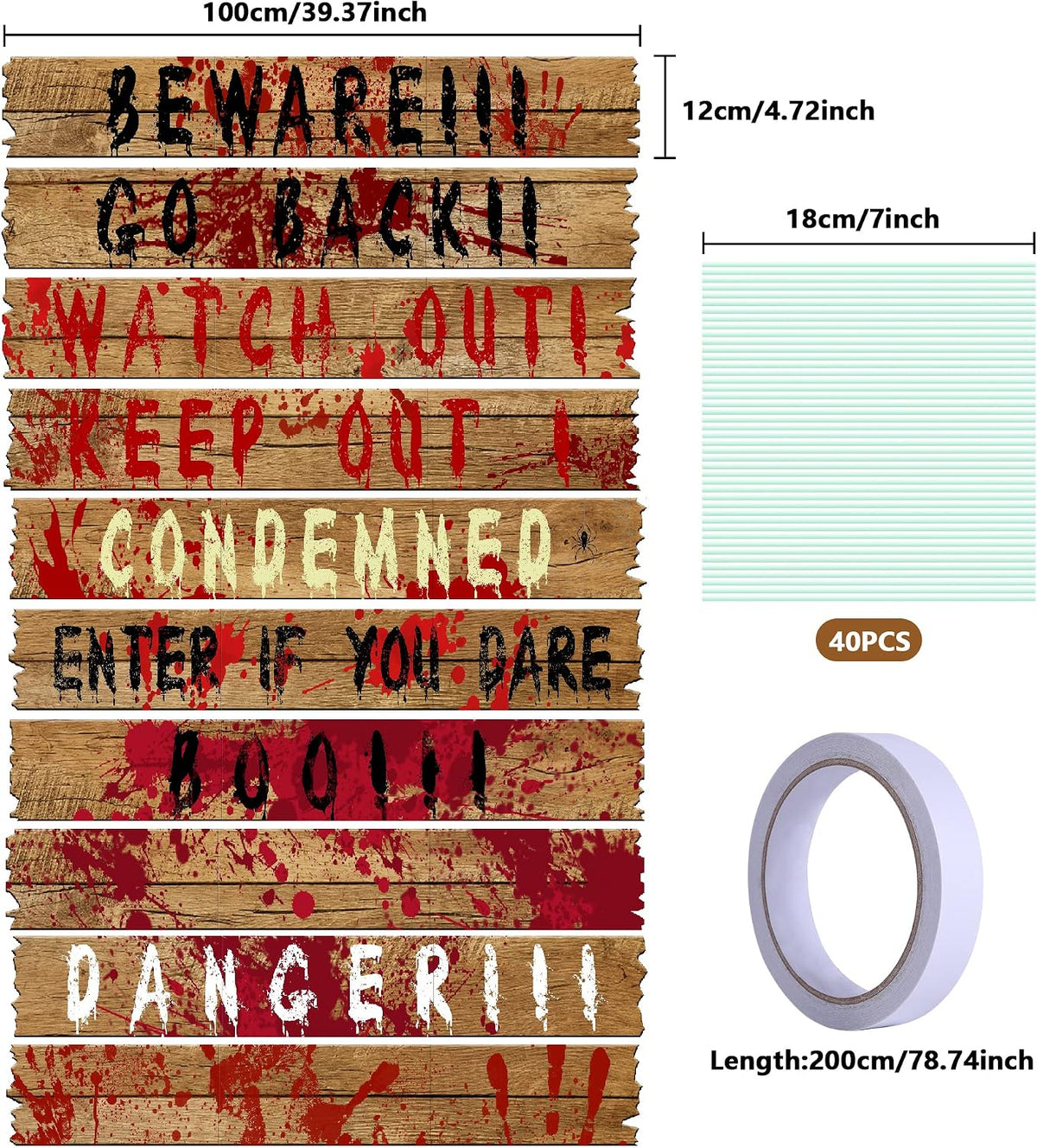 10Pcs 39"x4.7" Halloween Haunted Window Boards, Scary Window Warnin...