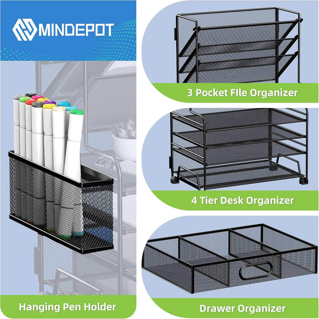 mindepot 4-tier paper organizer + 3-pocket file holder, close-up detail