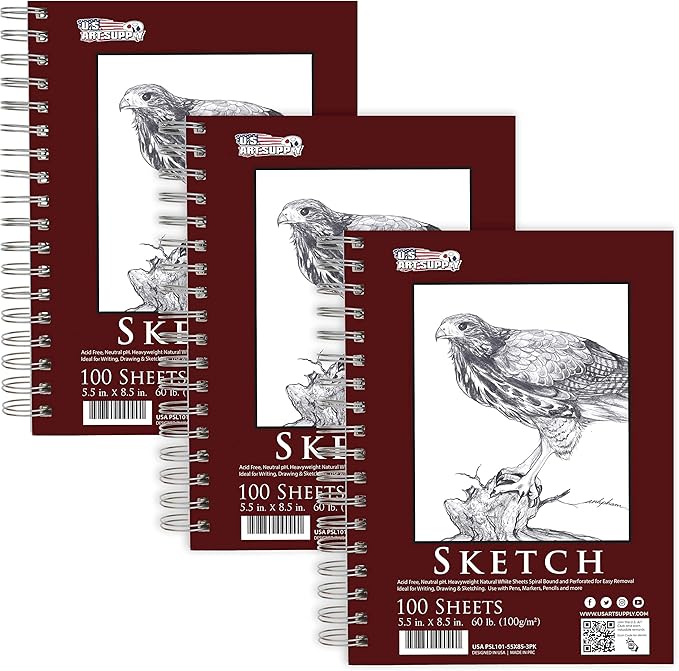 U.S. Art Supply 5.5"x8.5" Sketch Book Pad, 3 Pack, 60lb Spiral Bound by USArtSupply