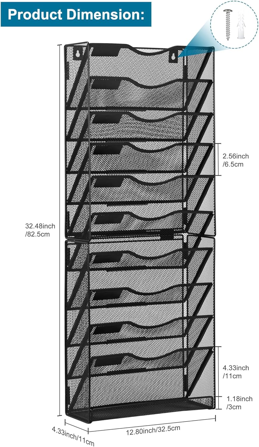10 Tier Hanging Wall File Organizer Magazine Mail Holder Paper Tray