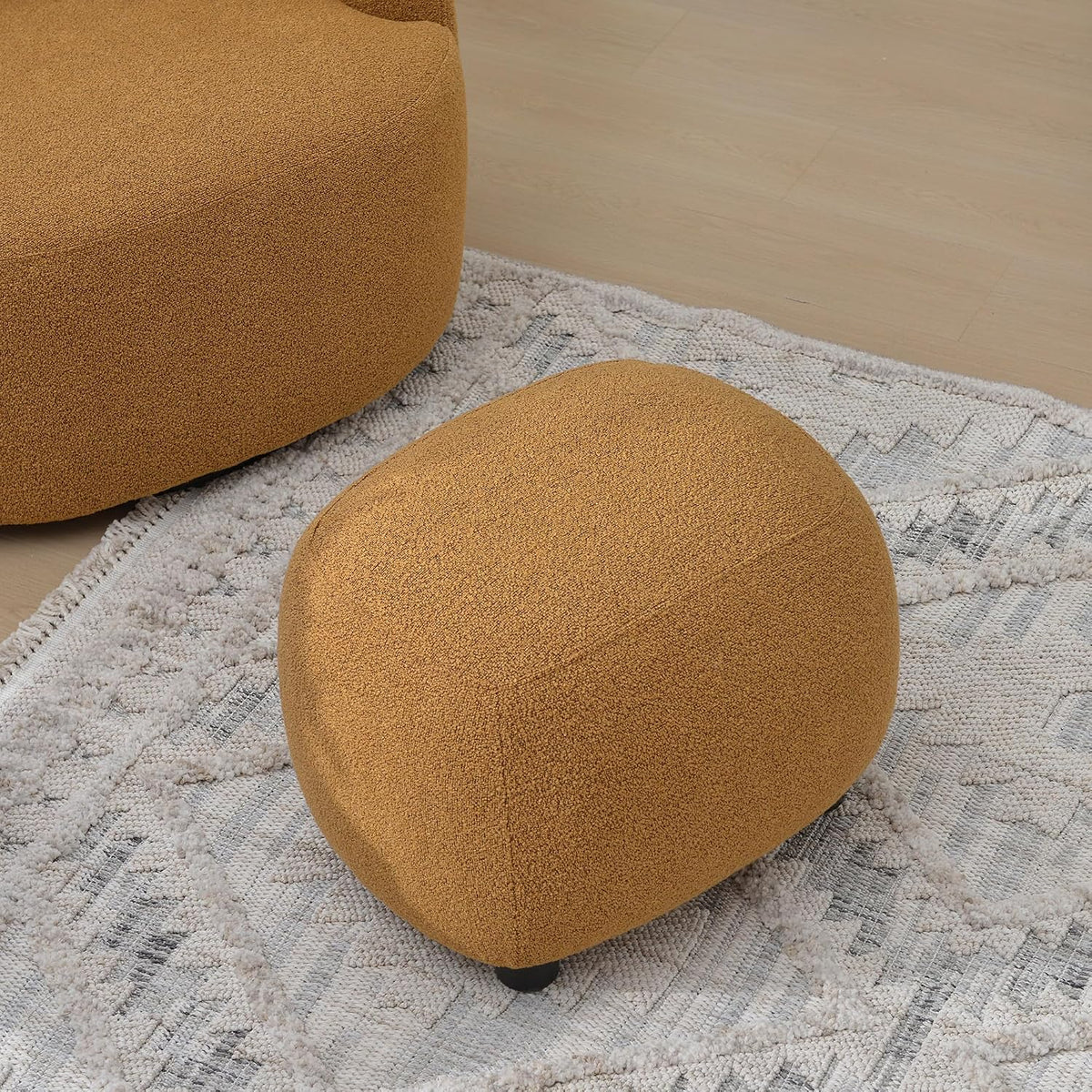 KINWELL Round Boucle Upholstered Ottoman Chair Padded Seat Footstool, Brown