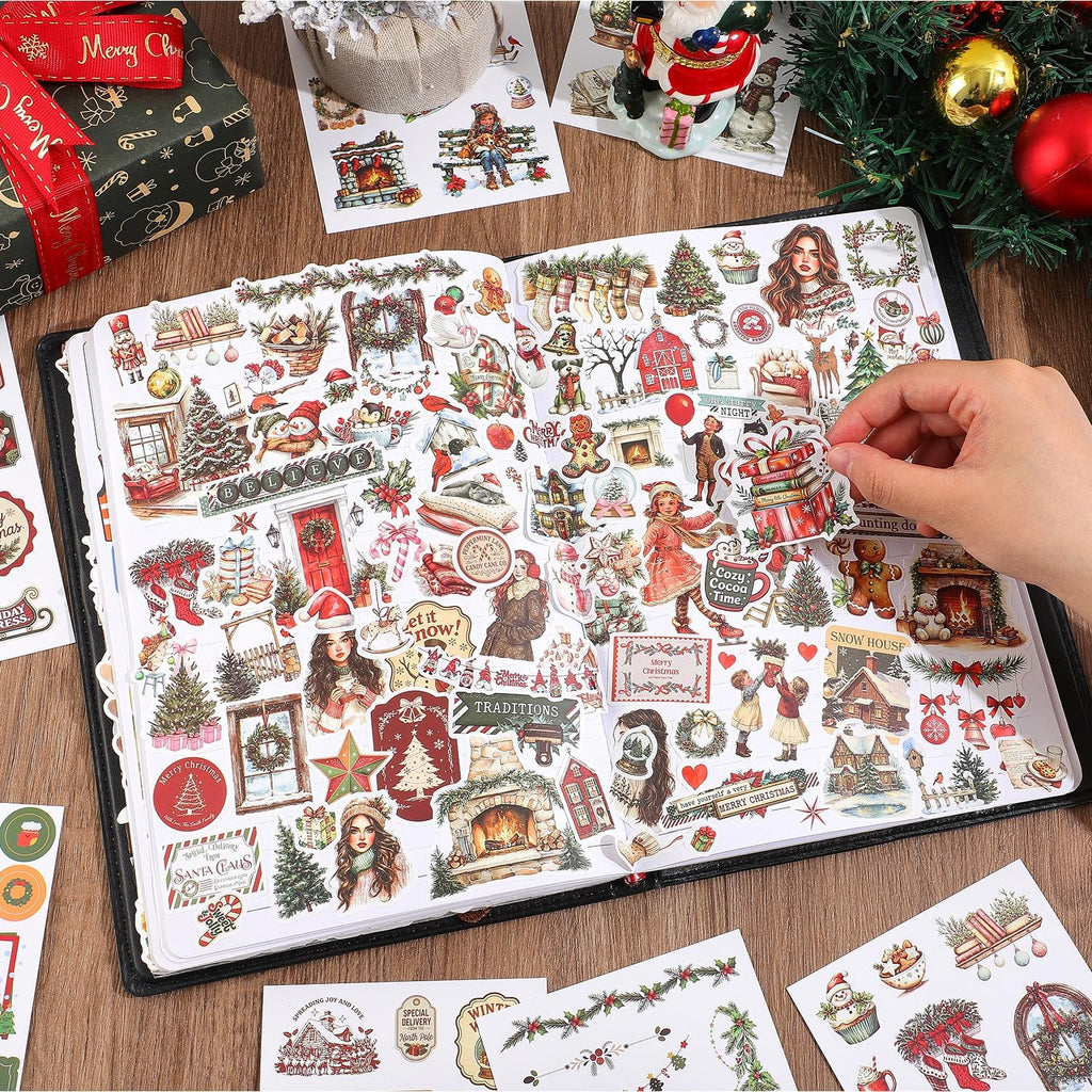 400+ Christmas Waterproof Vinyl Sticker Book, Cute Christmas Aesthetic Stickers for Kids, Funny Stickers for Adults, Holiday Planner Stickers for Journaling, Scrapbooking, Santa Snowman Reindeer Gifts