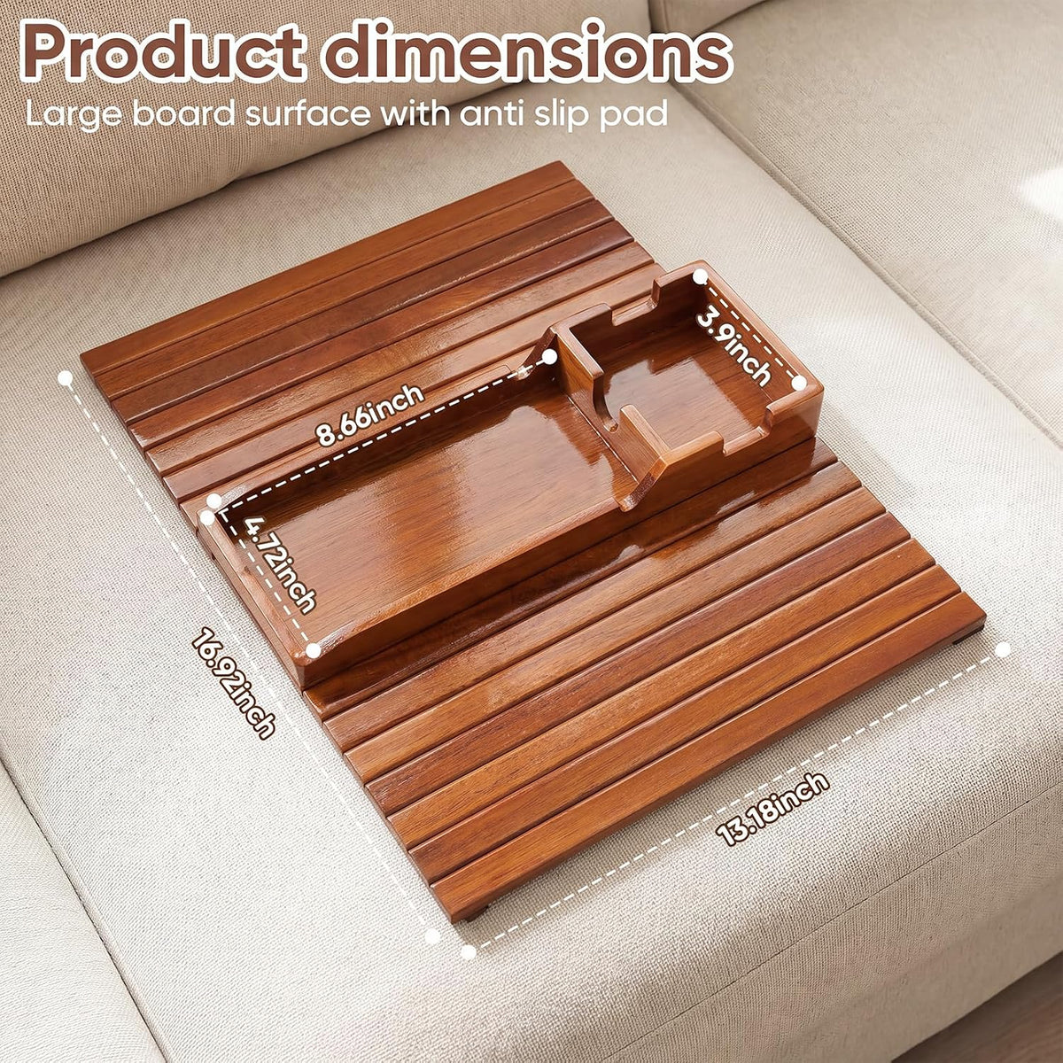 Acacia Wood Couch Arm Tray with Cup Holder, Sofa Armrest Table