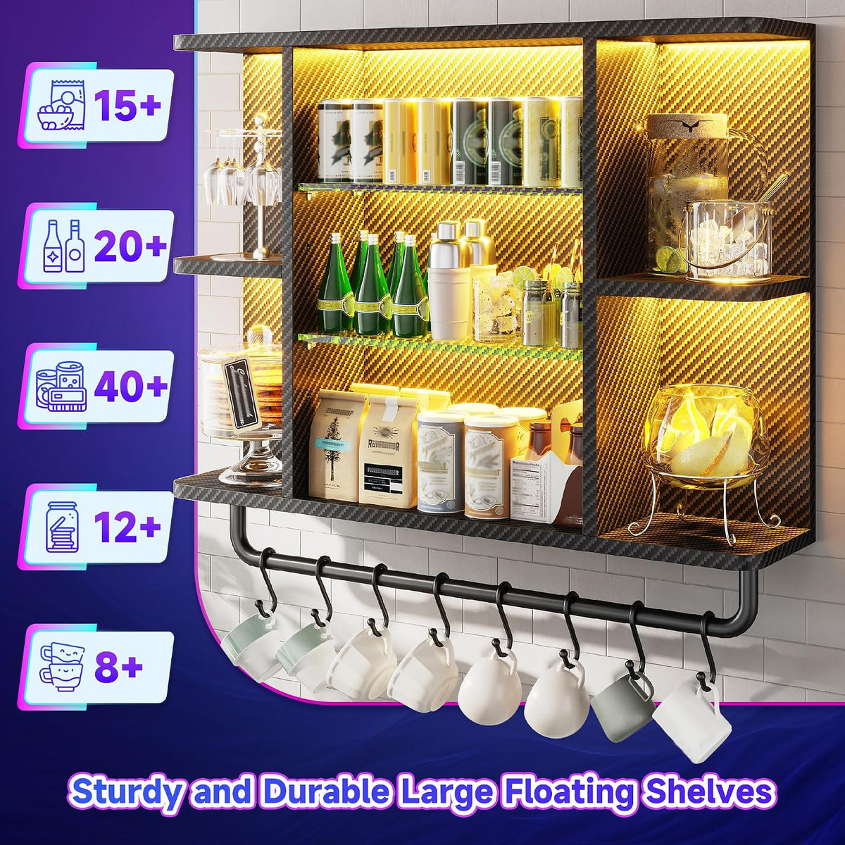 REIBII 34" Gaming Floating Shelves, LED Wall Mounted Shelf with Adjustab...